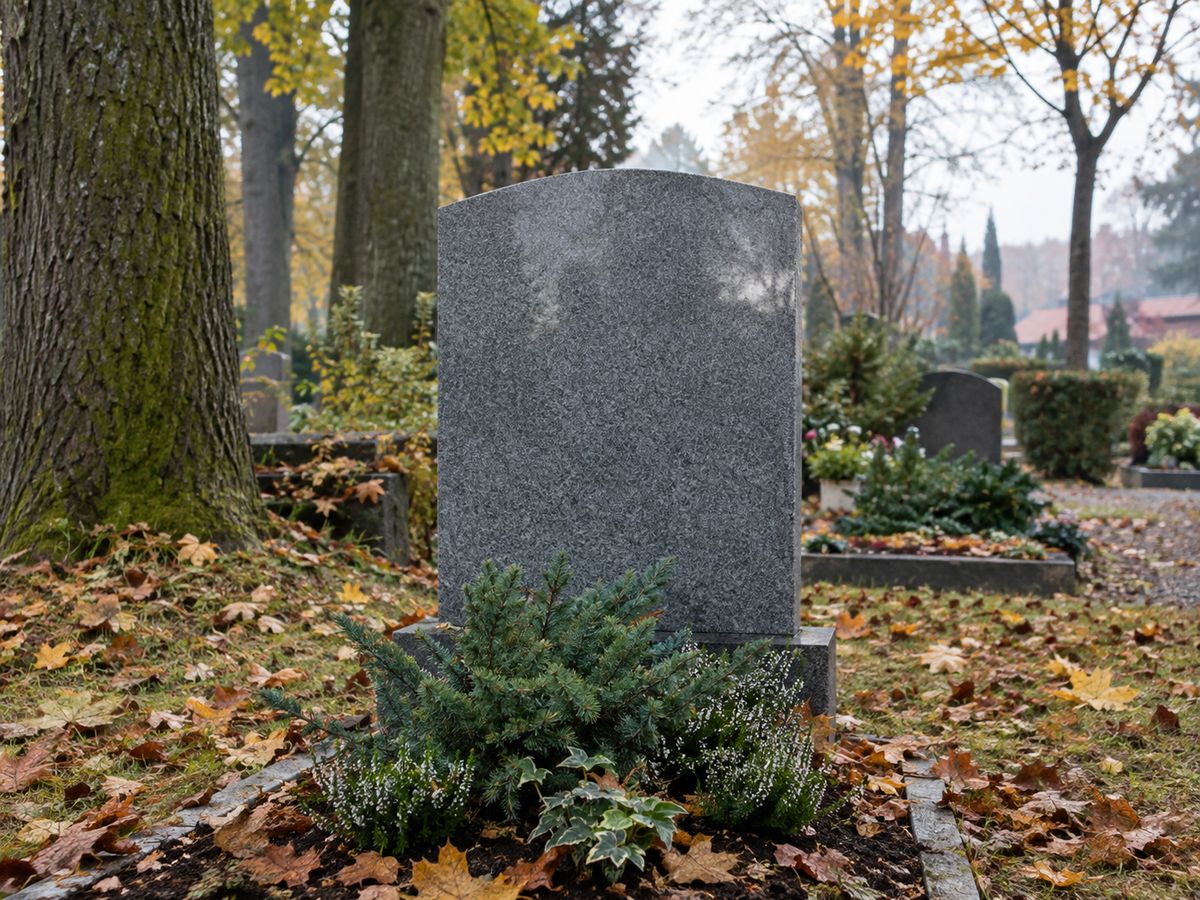 Schlichter Grabstein aus grauem Granit ohne Inschrift auf einem herbstlichen Friedhof